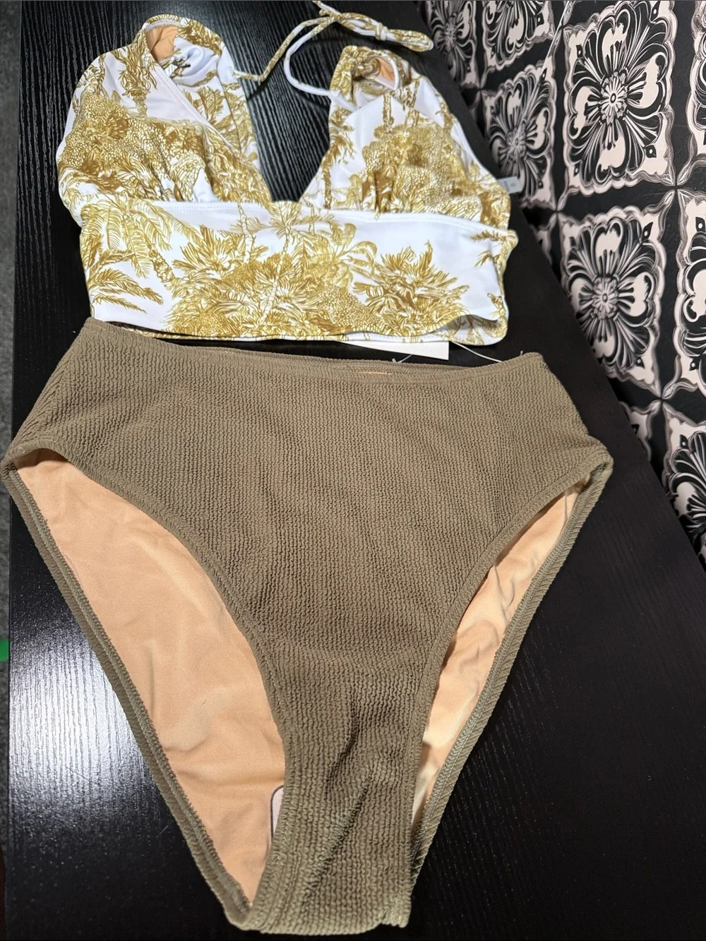 High-Waist Ribbed Bikini Set in Olive and White by